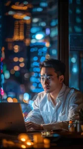 Jeune homme avec lunettes concentré, travaillant sur son ordinateur la nuit devant une baie vitrée, formation d’anglais en ligne