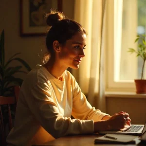 Jeune femme concentrée travaillant sur son ordinateur sous une lumière naturelle tamisée