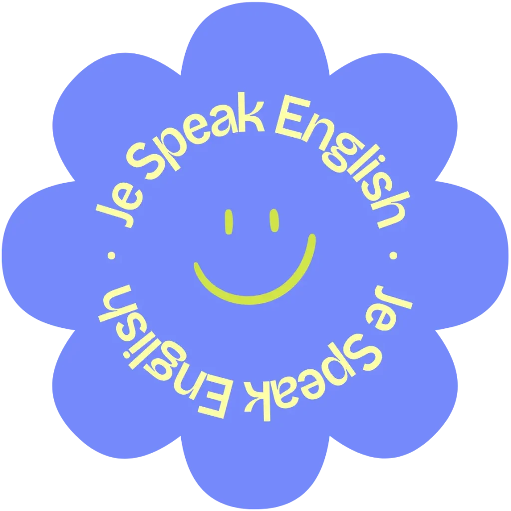 Petit tampon violet rond en forme de fleur avec un smiley au centre et le nom de la marque en arc de cercle de chaque côté